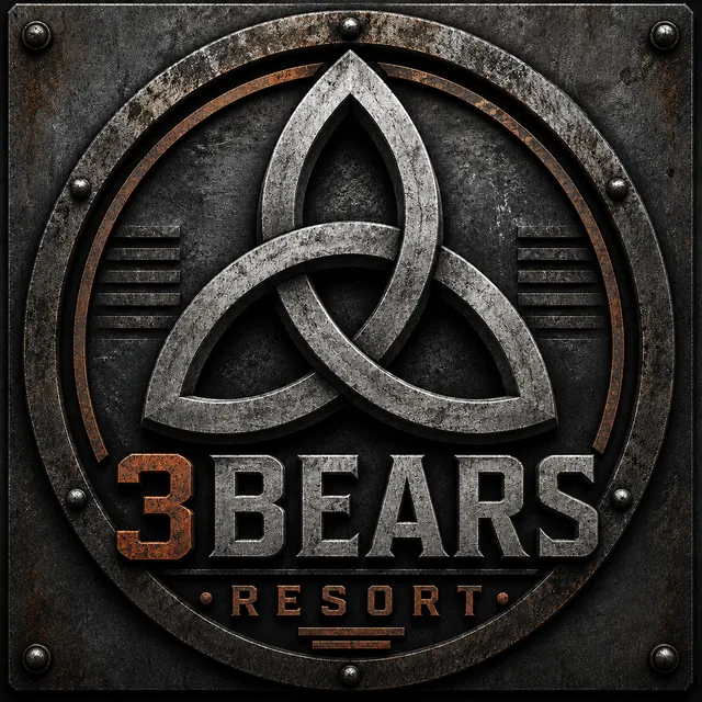 3Bears Resort logo: a steel triquetra knot in a riveted rusted ring above the words 3Bears Resort